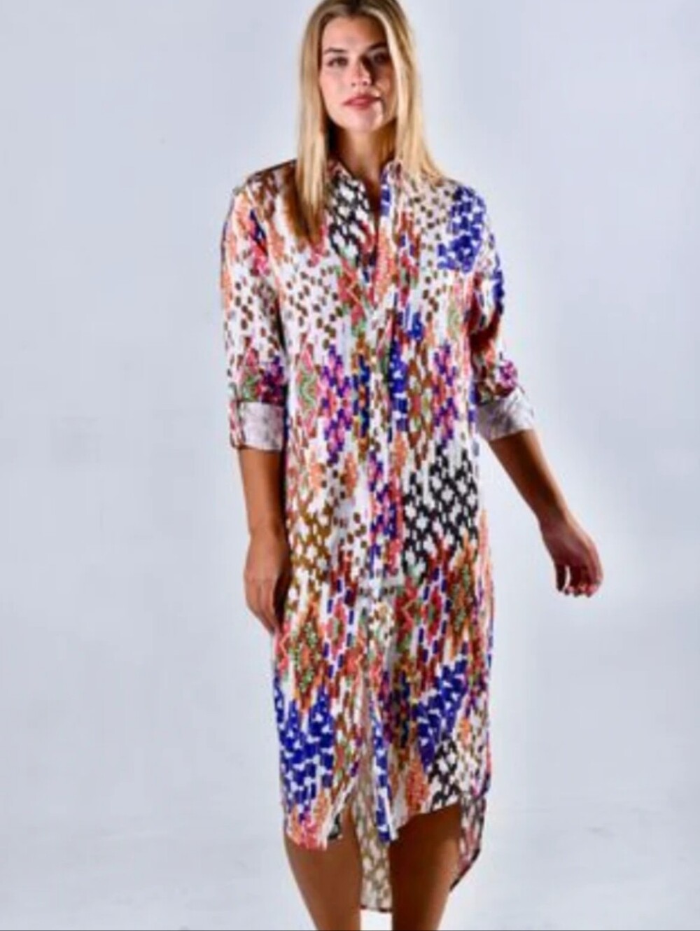 Emily Phillips Multi Dot Linen Girlfriend Midi Shirt Dress Abstract Geometric